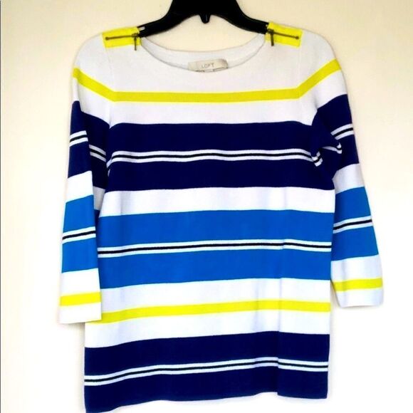 Ann Taylor LOFT 3/4 Sleeve Striped Sweater, White Blue Green - Picture 9 of 10